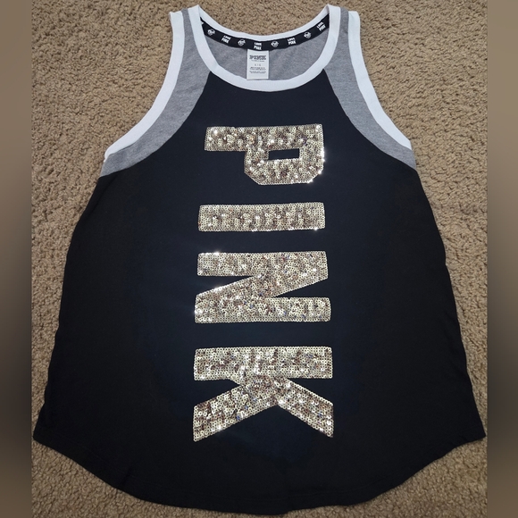 PINK Victoria's Secret Large Bling Sequin Spellout Tank Top - Picture 1 of 5